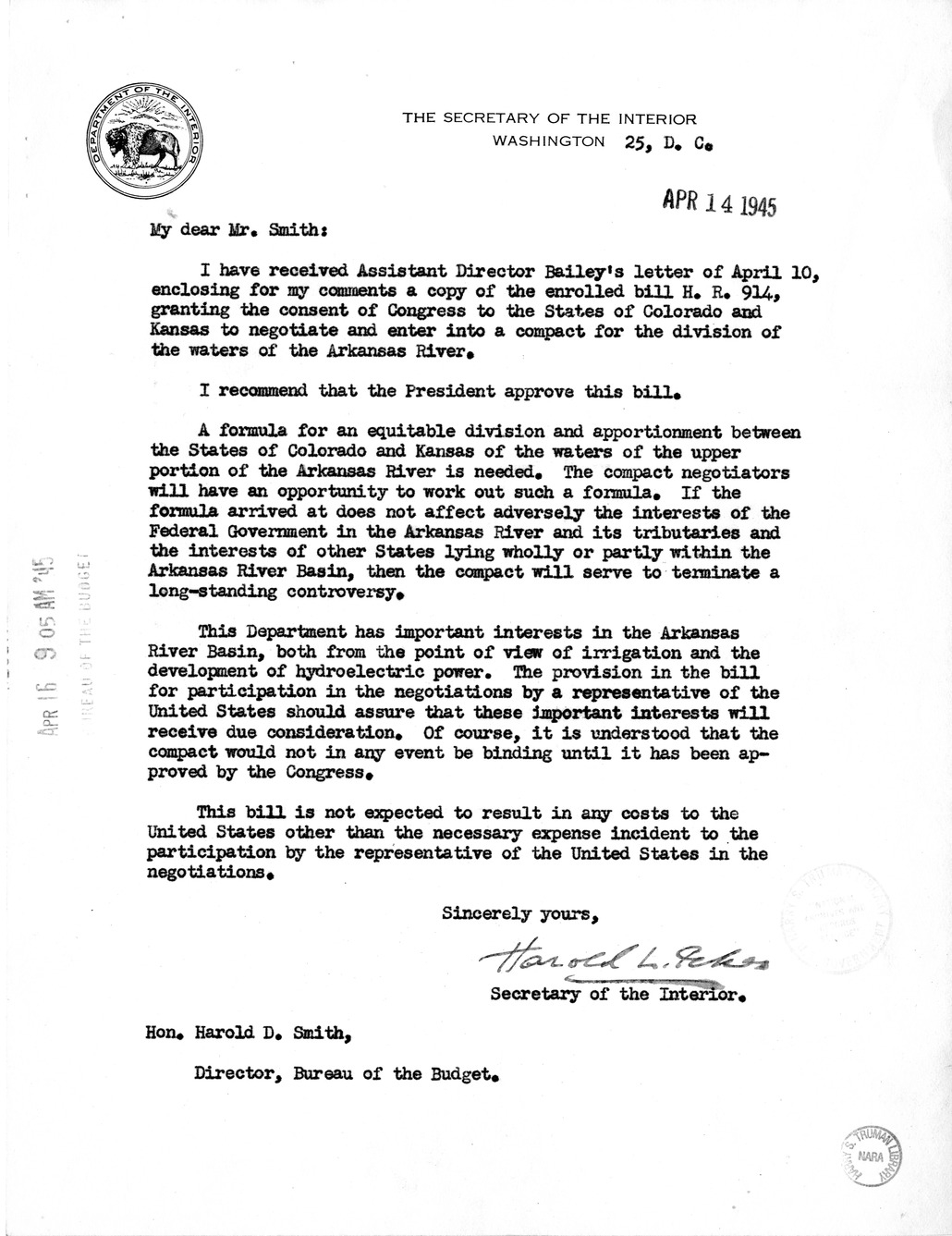 Memorandum from Harold D. Smith to M. C. Latta, H.R. 914, Granting the Consent of Congress to the States of Colorado and Kansas to Negotiate and Enter Into a Compact for the Division of the Waters of the Arkansas River, with Attachments
