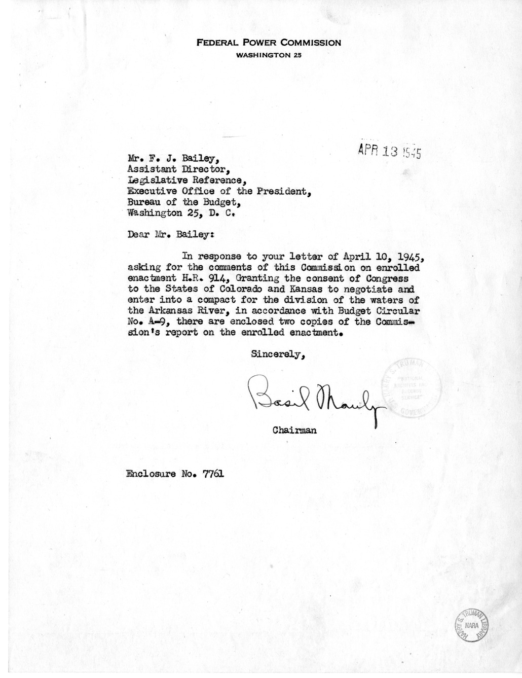 Memorandum from Harold D. Smith to M. C. Latta, H.R. 914, Granting the Consent of Congress to the States of Colorado and Kansas to Negotiate and Enter Into a Compact for the Division of the Waters of the Arkansas River, with Attachments