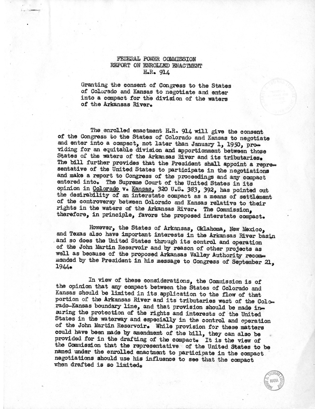 Memorandum from Harold D. Smith to M. C. Latta, H.R. 914, Granting the Consent of Congress to the States of Colorado and Kansas to Negotiate and Enter Into a Compact for the Division of the Waters of the Arkansas River, with Attachments