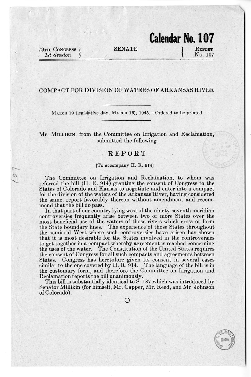 Memorandum from Harold D. Smith to M. C. Latta, H.R. 914, Granting the Consent of Congress to the States of Colorado and Kansas to Negotiate and Enter Into a Compact for the Division of the Waters of the Arkansas River, with Attachments