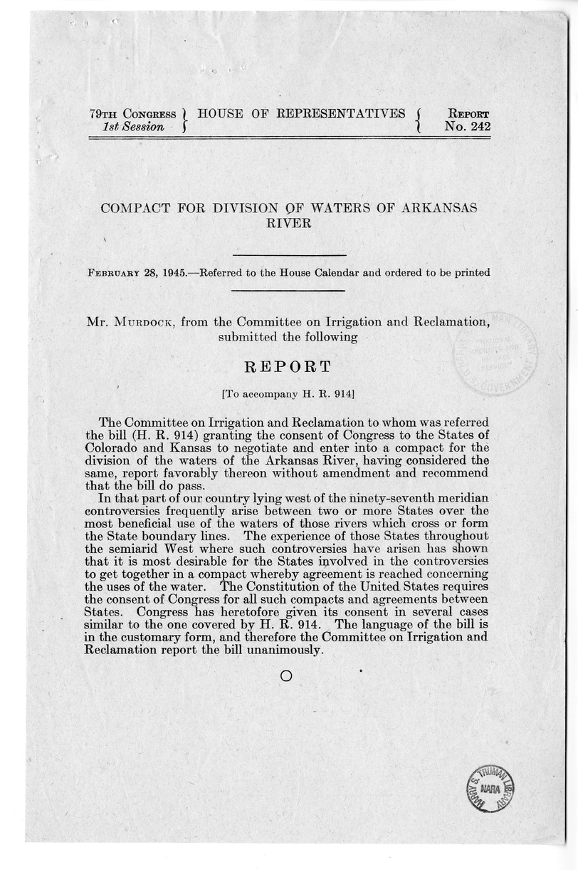 Memorandum from Harold D. Smith to M. C. Latta, H.R. 914, Granting the Consent of Congress to the States of Colorado and Kansas to Negotiate and Enter Into a Compact for the Division of the Waters of the Arkansas River, with Attachments