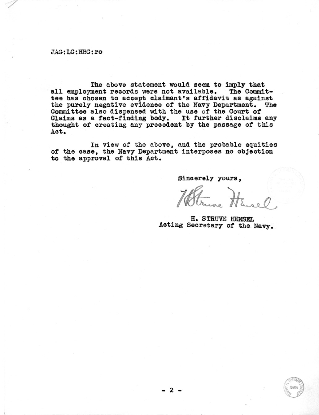 Memorandum from Frederick J. Bailey to M. C. Latta, H.R. 934, For the Relief of Charles H. Dougherty, Senior, with Attachments