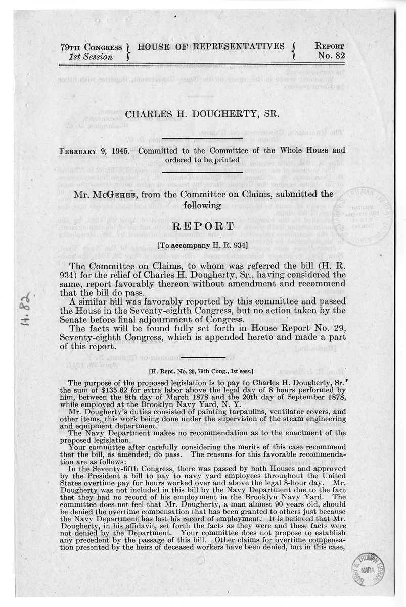 Memorandum from Frederick J. Bailey to M. C. Latta, H.R. 934, For the Relief of Charles H. Dougherty, Senior, with Attachments