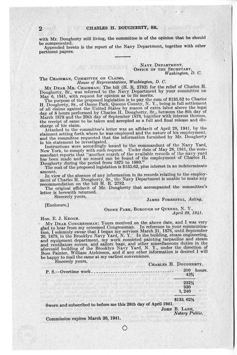 Memorandum from Frederick J. Bailey to M. C. Latta, H.R. 934, For the Relief of Charles H. Dougherty, Senior, with Attachments