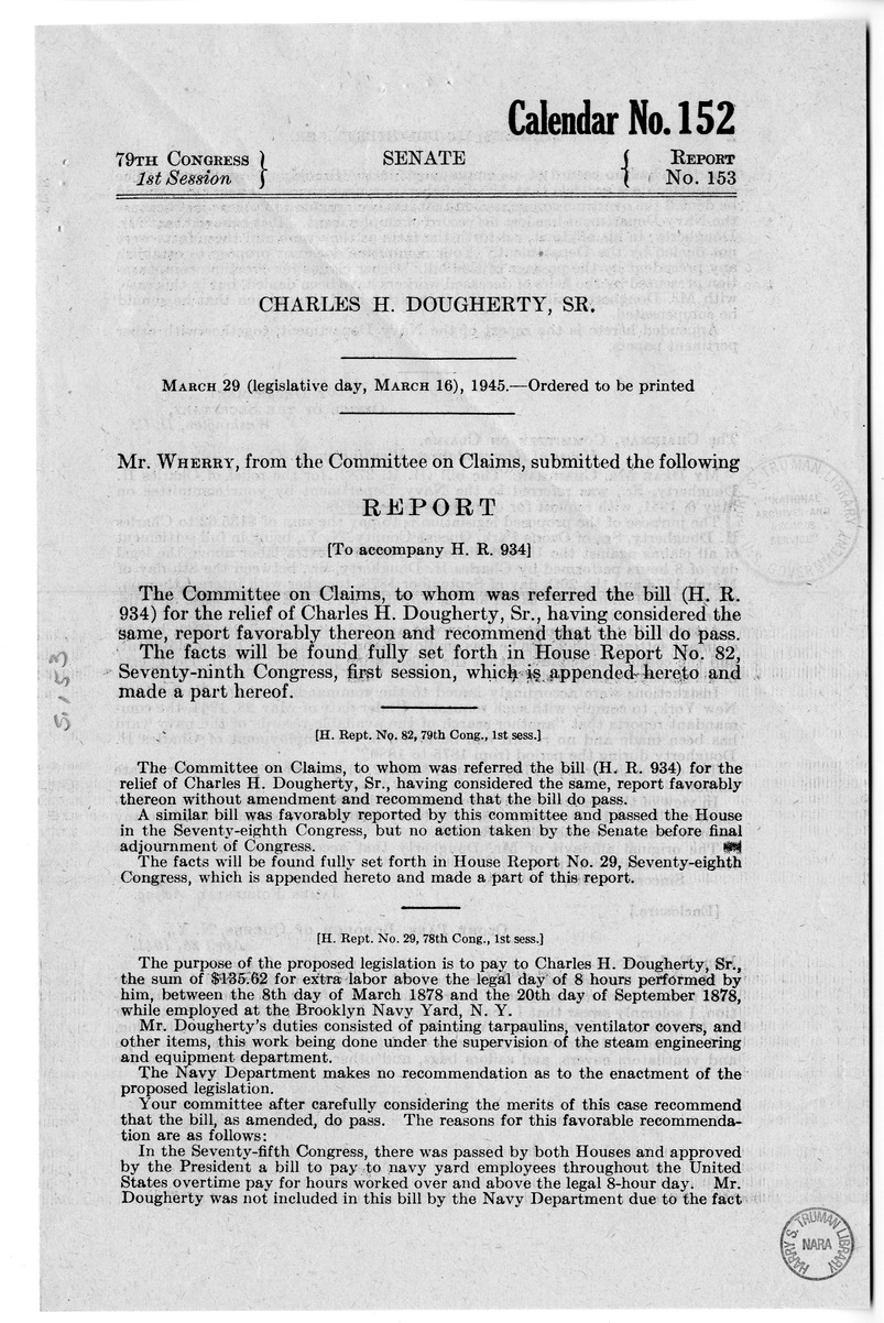 Memorandum from Frederick J. Bailey to M. C. Latta, H.R. 934, For the Relief of Charles H. Dougherty, Senior, with Attachments