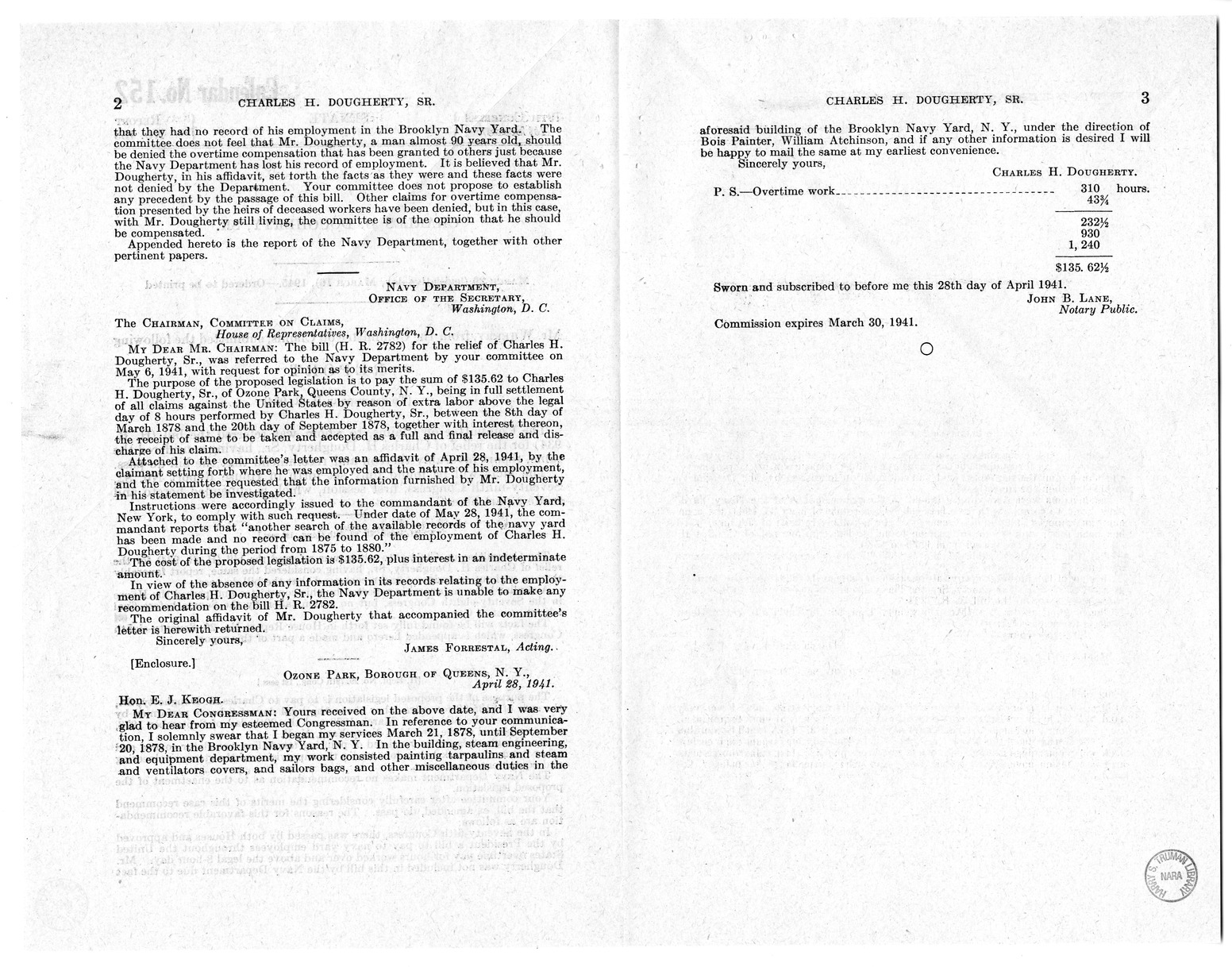 Memorandum from Frederick J. Bailey to M. C. Latta, H.R. 934, For the Relief of Charles H. Dougherty, Senior, with Attachments