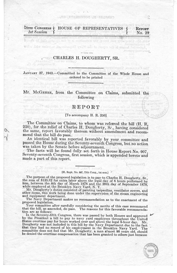 Memorandum from Frederick J. Bailey to M. C. Latta, H.R. 934, For the Relief of Charles H. Dougherty, Senior, with Attachments