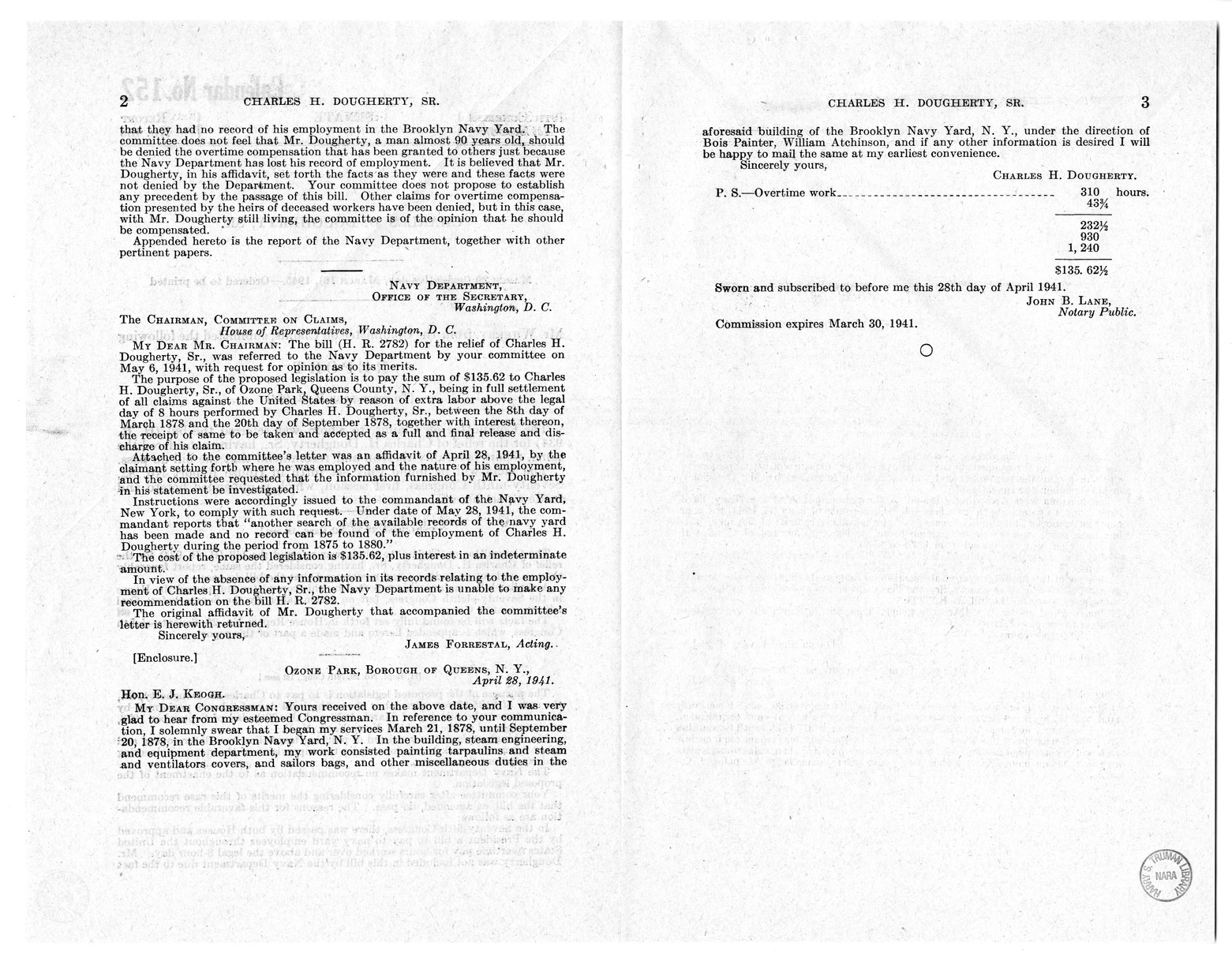 Memorandum from Frederick J. Bailey to M. C. Latta, H.R. 934, For the Relief of Charles H. Dougherty, Senior, with Attachments