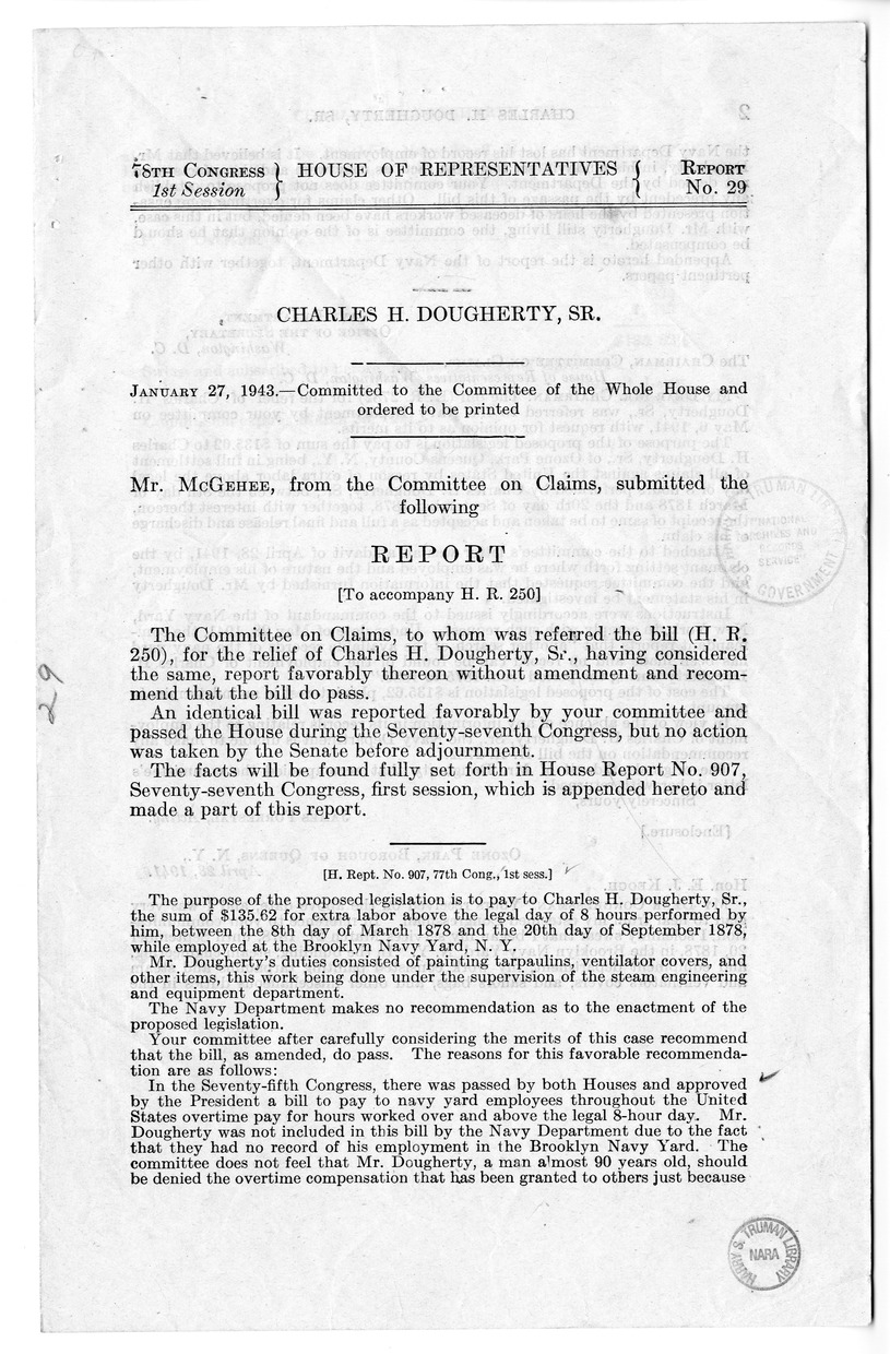 Memorandum from Frederick J. Bailey to M. C. Latta, H.R. 934, For the Relief of Charles H. Dougherty, Senior, with Attachments