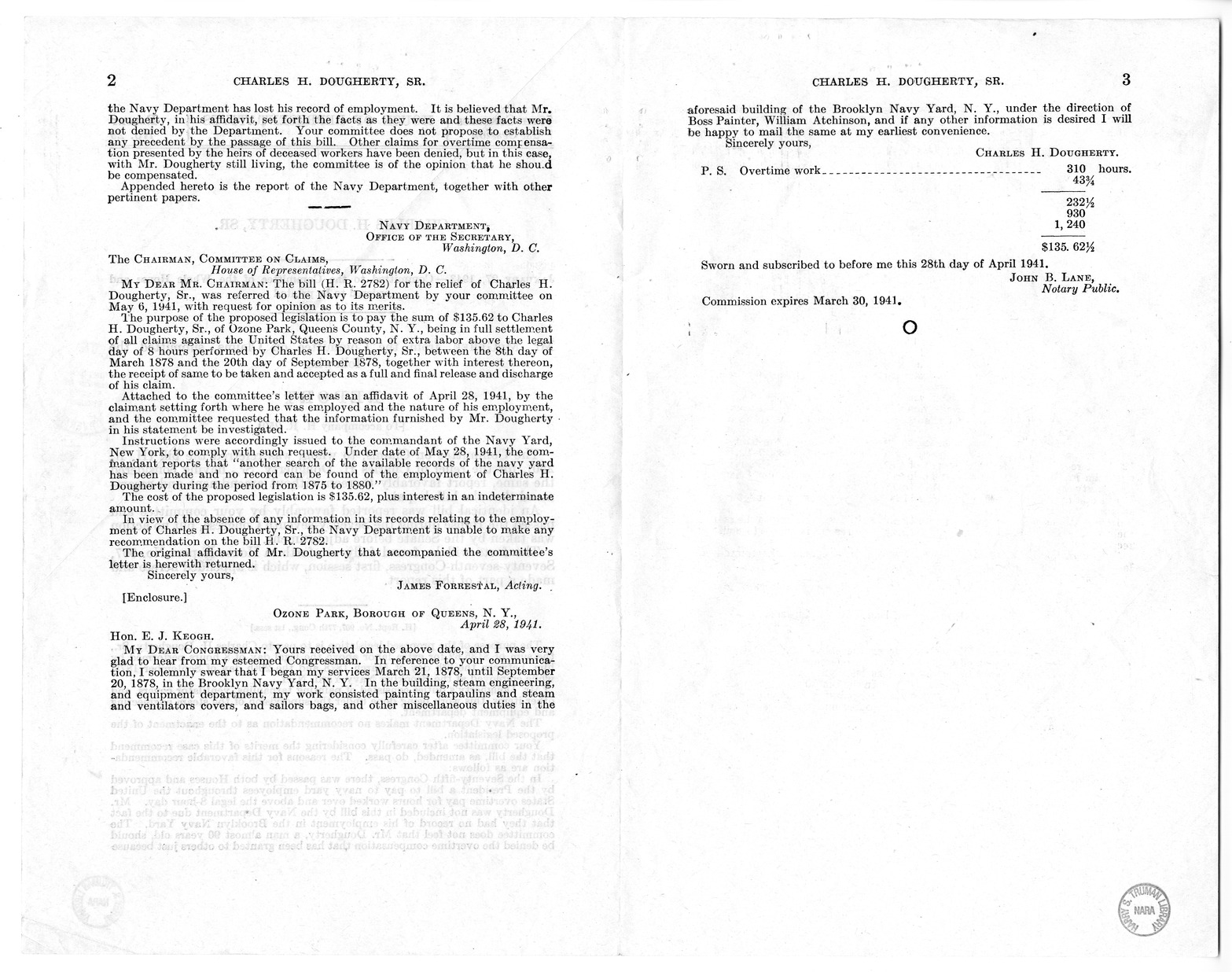 Memorandum from Frederick J. Bailey to M. C. Latta, H.R. 934, For the Relief of Charles H. Dougherty, Senior, with Attachments