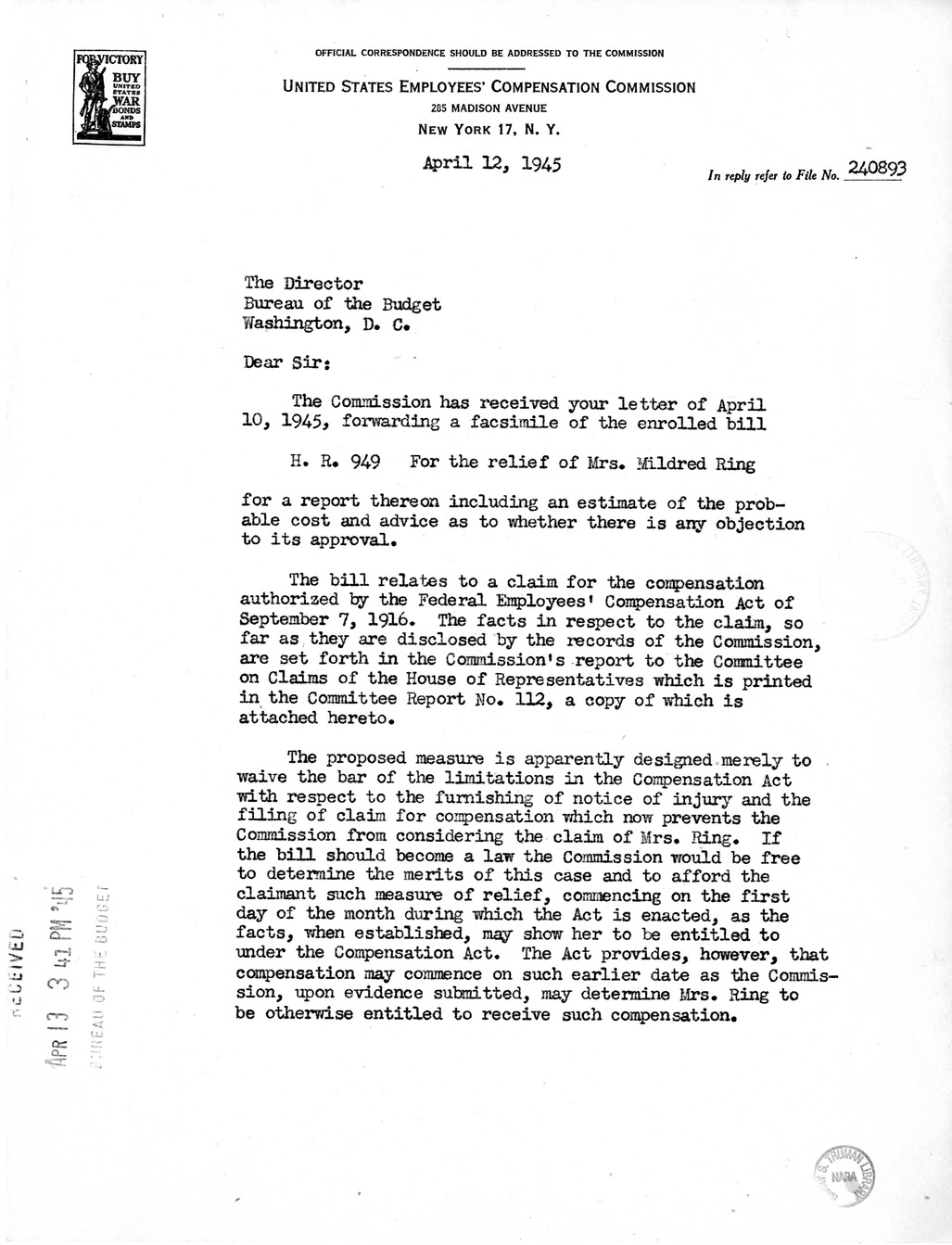 Memorandum from Harold D. Smith to M. C. Latta, H. R. 949, for the Relief of Mrs. Mildred Ring, with Attachments