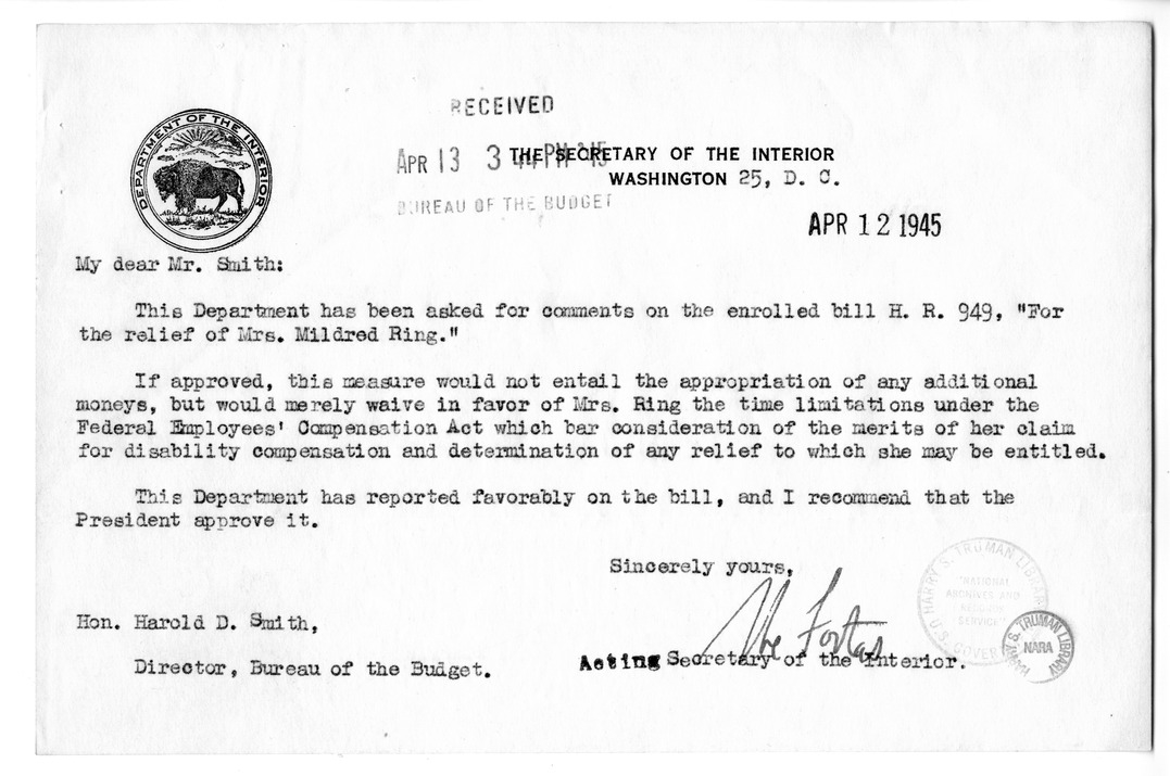 Memorandum from Harold D. Smith to M. C. Latta, H. R. 949, for the Relief of Mrs. Mildred Ring, with Attachments