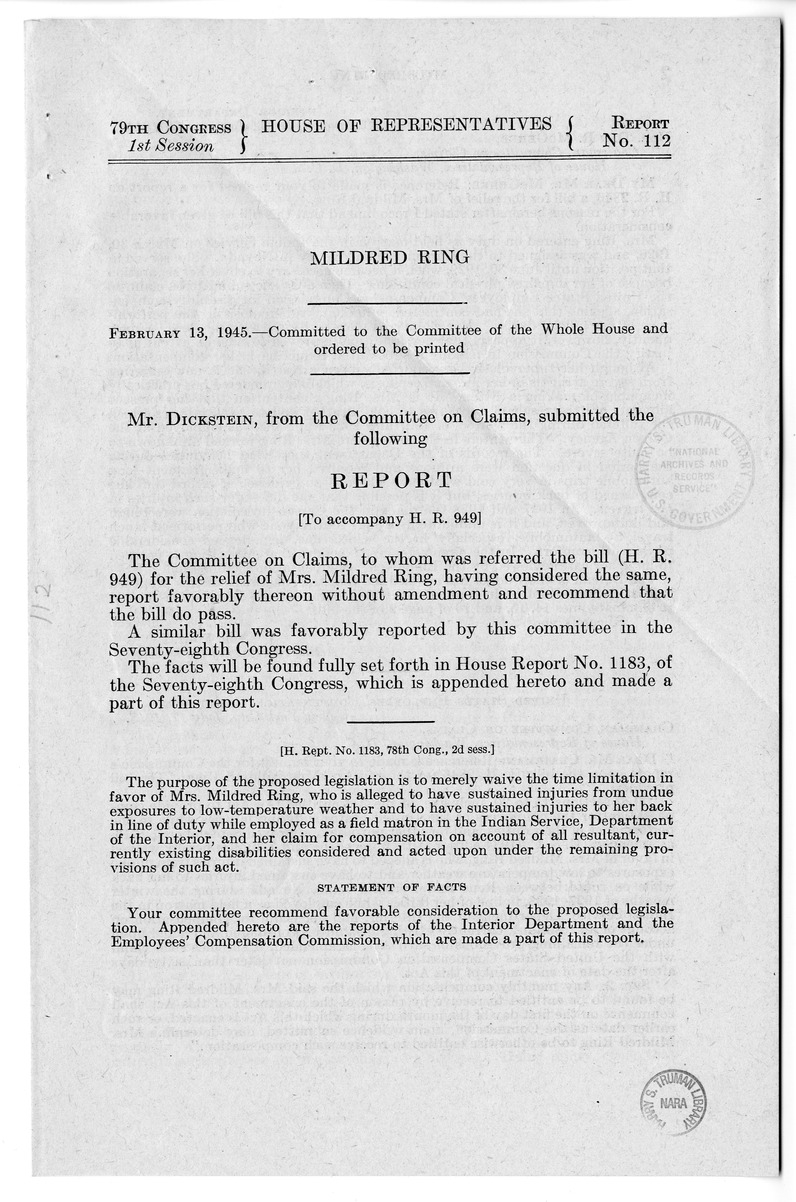 Memorandum from Harold D. Smith to M. C. Latta, H. R. 949, for the Relief of Mrs. Mildred Ring, with Attachments