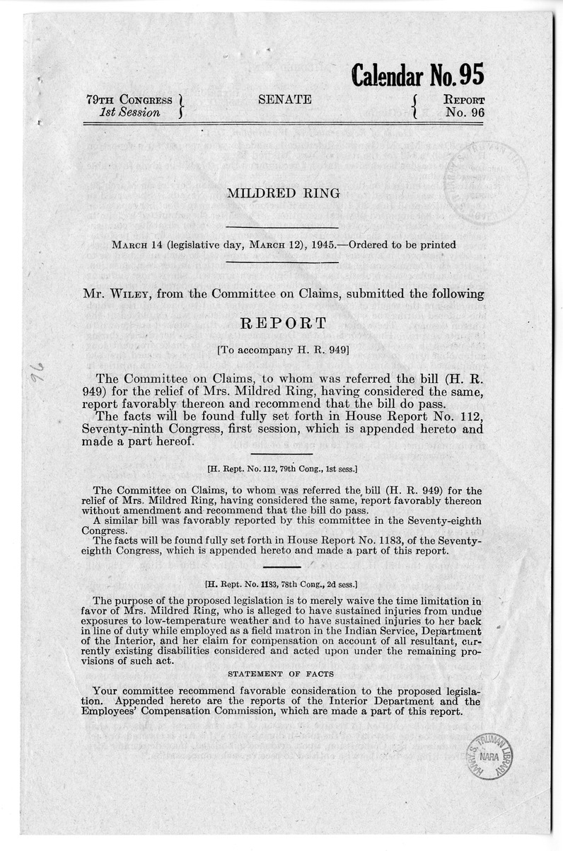 Memorandum from Harold D. Smith to M. C. Latta, H. R. 949, for the Relief of Mrs. Mildred Ring, with Attachments