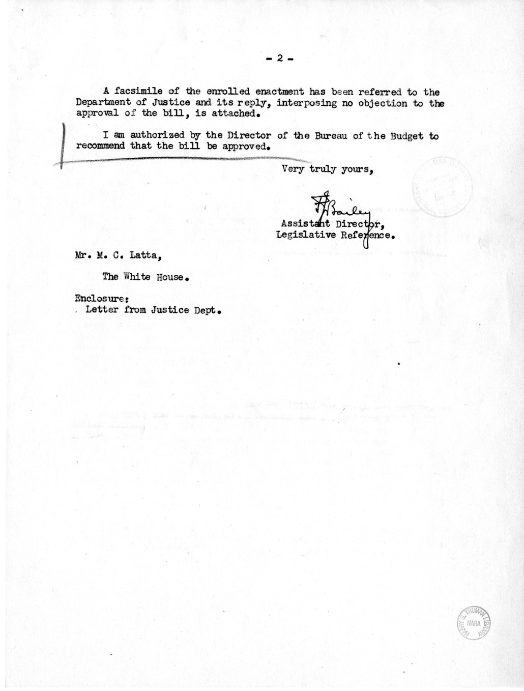 Memorandum from Frederick J. Bailey to M. C. Latta, H. R. 1325, for the Relief of Mrs. Rose Schiffer, with Attachments