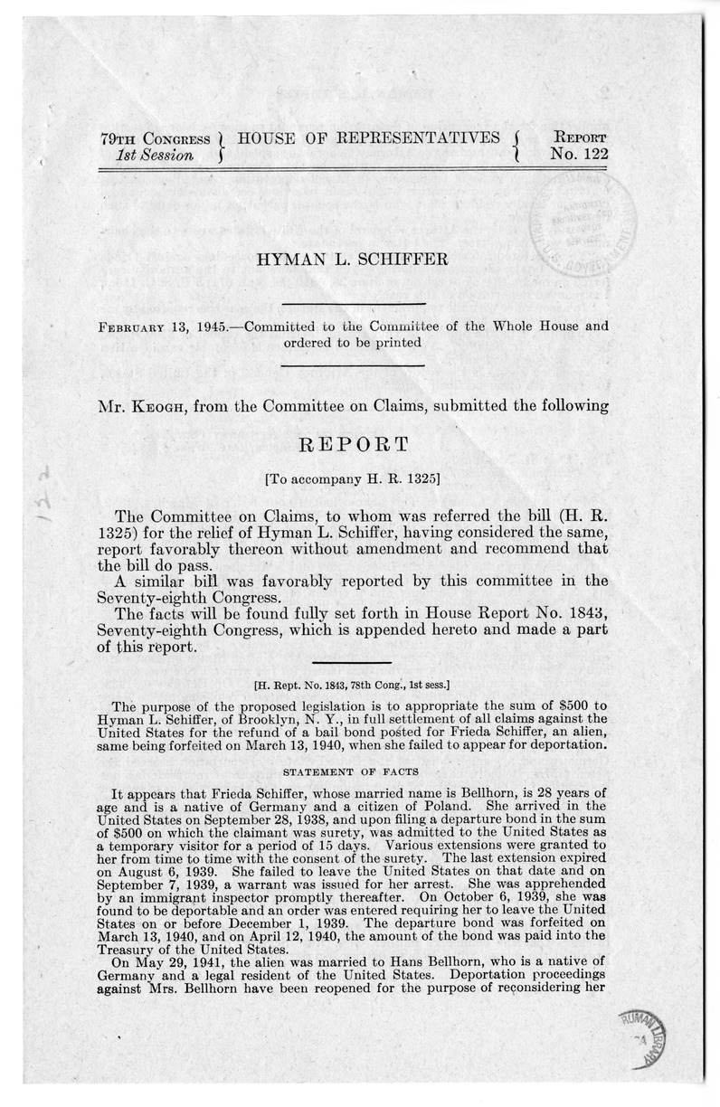 Memorandum from Frederick J. Bailey to M. C. Latta, H. R. 1325, for the Relief of Mrs. Rose Schiffer, with Attachments