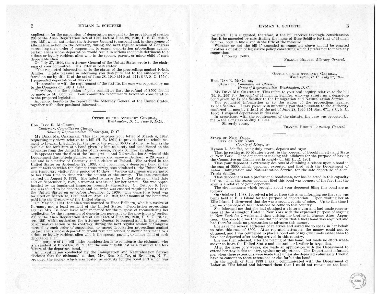 Memorandum from Frederick J. Bailey to M. C. Latta, H. R. 1325, for the Relief of Mrs. Rose Schiffer, with Attachments
