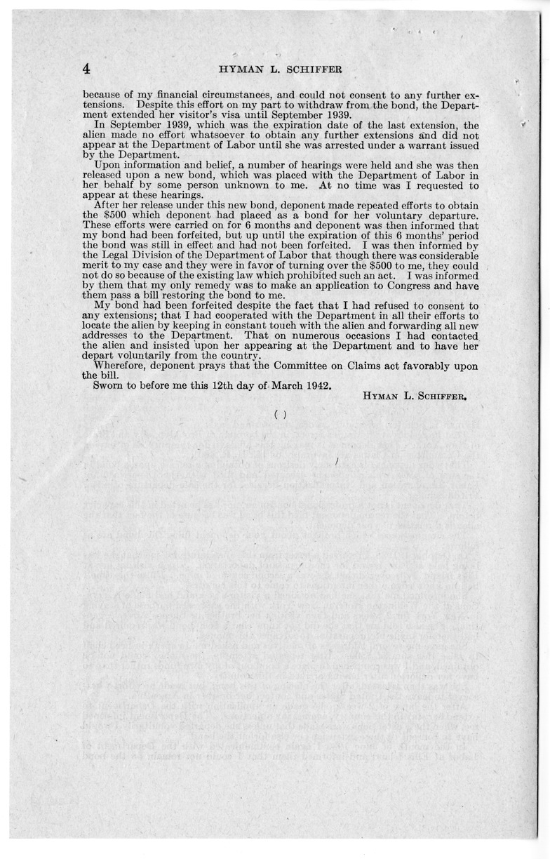 Memorandum from Frederick J. Bailey to M. C. Latta, H. R. 1325, for the Relief of Mrs. Rose Schiffer, with Attachments