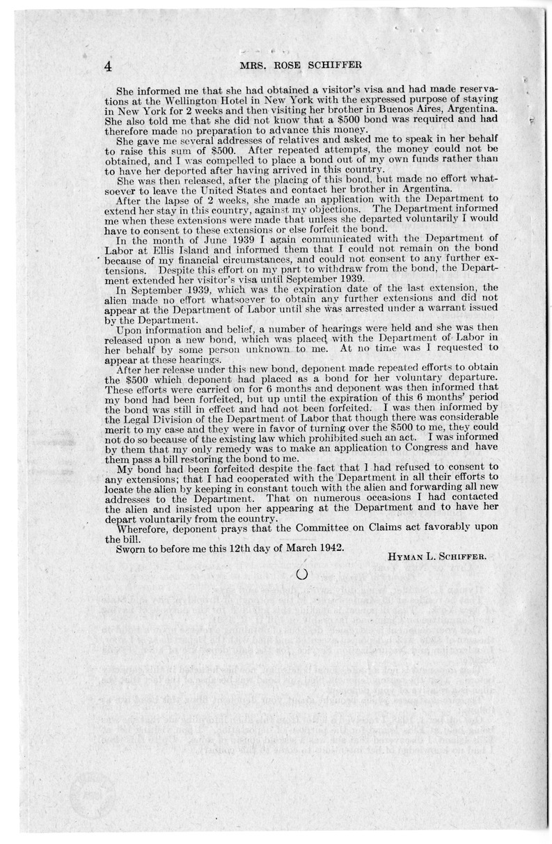 Memorandum from Frederick J. Bailey to M. C. Latta, H. R. 1325, for the Relief of Mrs. Rose Schiffer, with Attachments