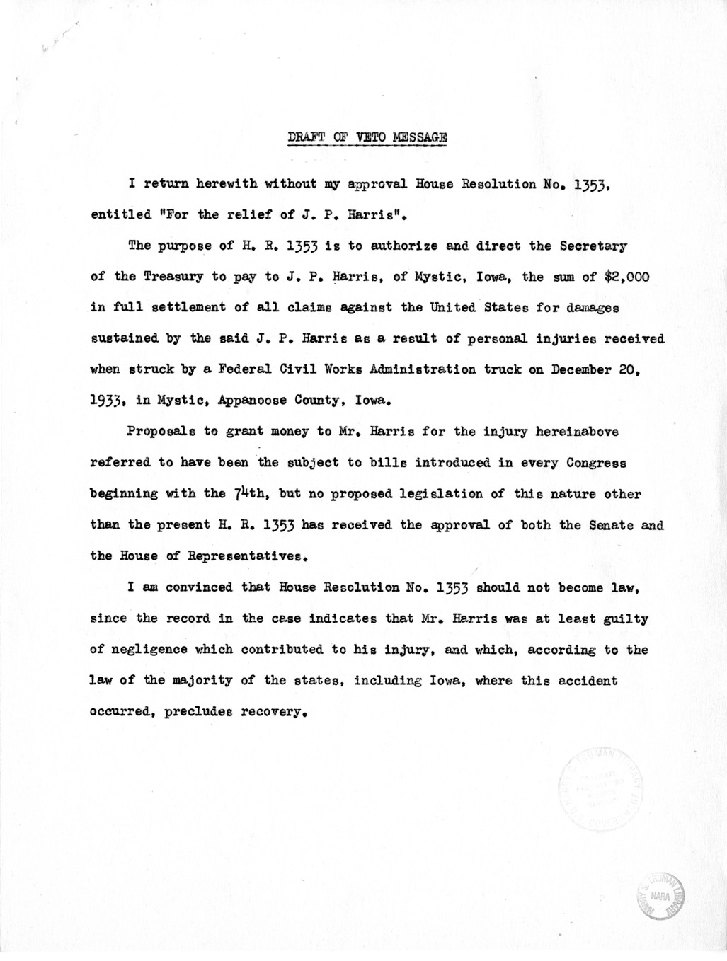 Memorandum from Harold D. Smith to M. C. Latta, H.R. 1353, For the Relief of J. P. Harris, with Attachments