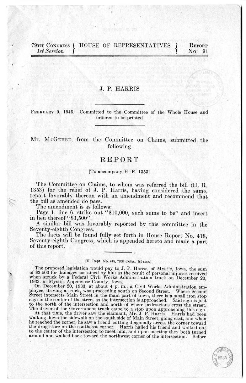 Memorandum from Harold D. Smith to M. C. Latta, H.R. 1353, For the Relief of J. P. Harris, with Attachments