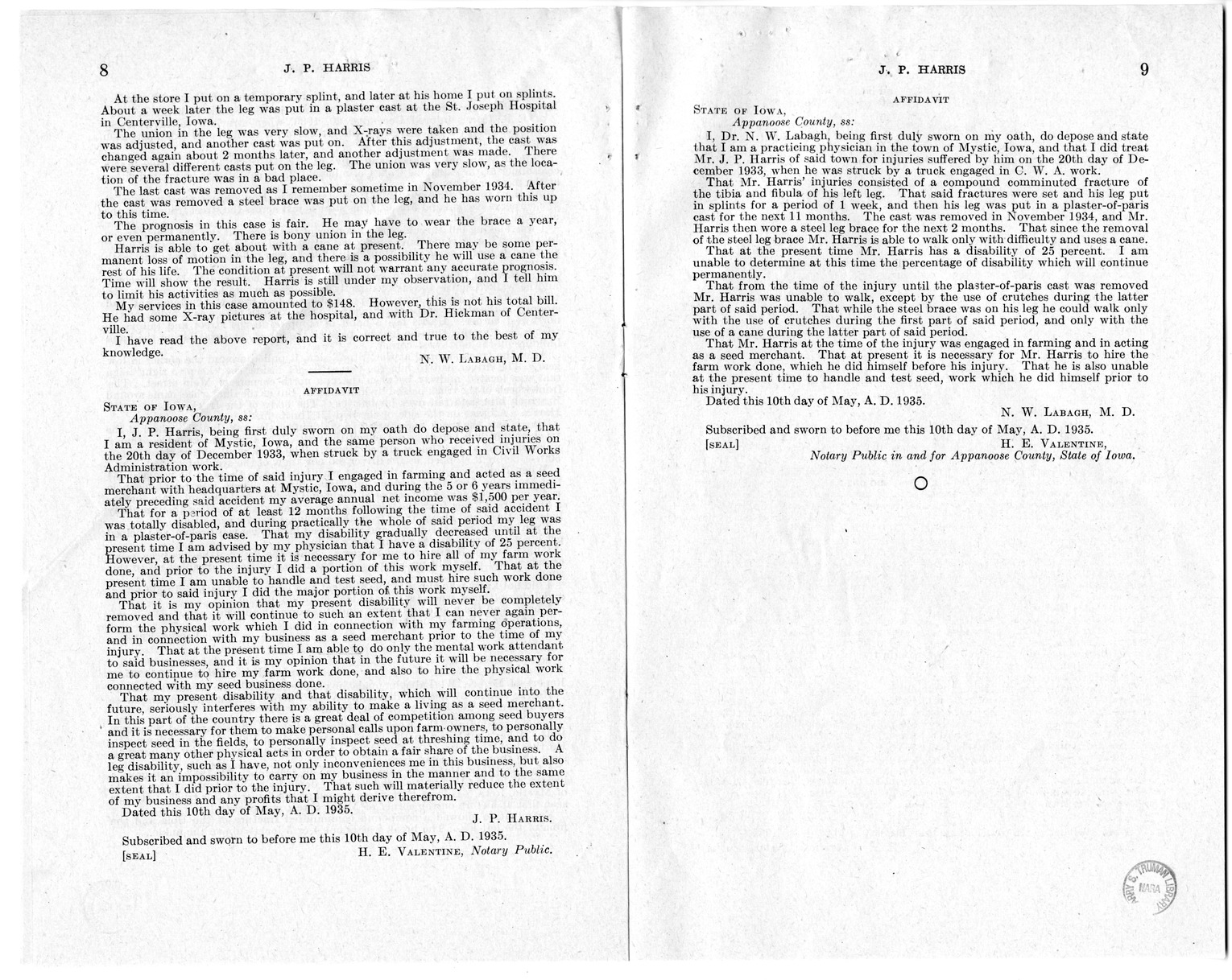 Memorandum from Harold D. Smith to M. C. Latta, H.R. 1353, For the Relief of J. P. Harris, with Attachments