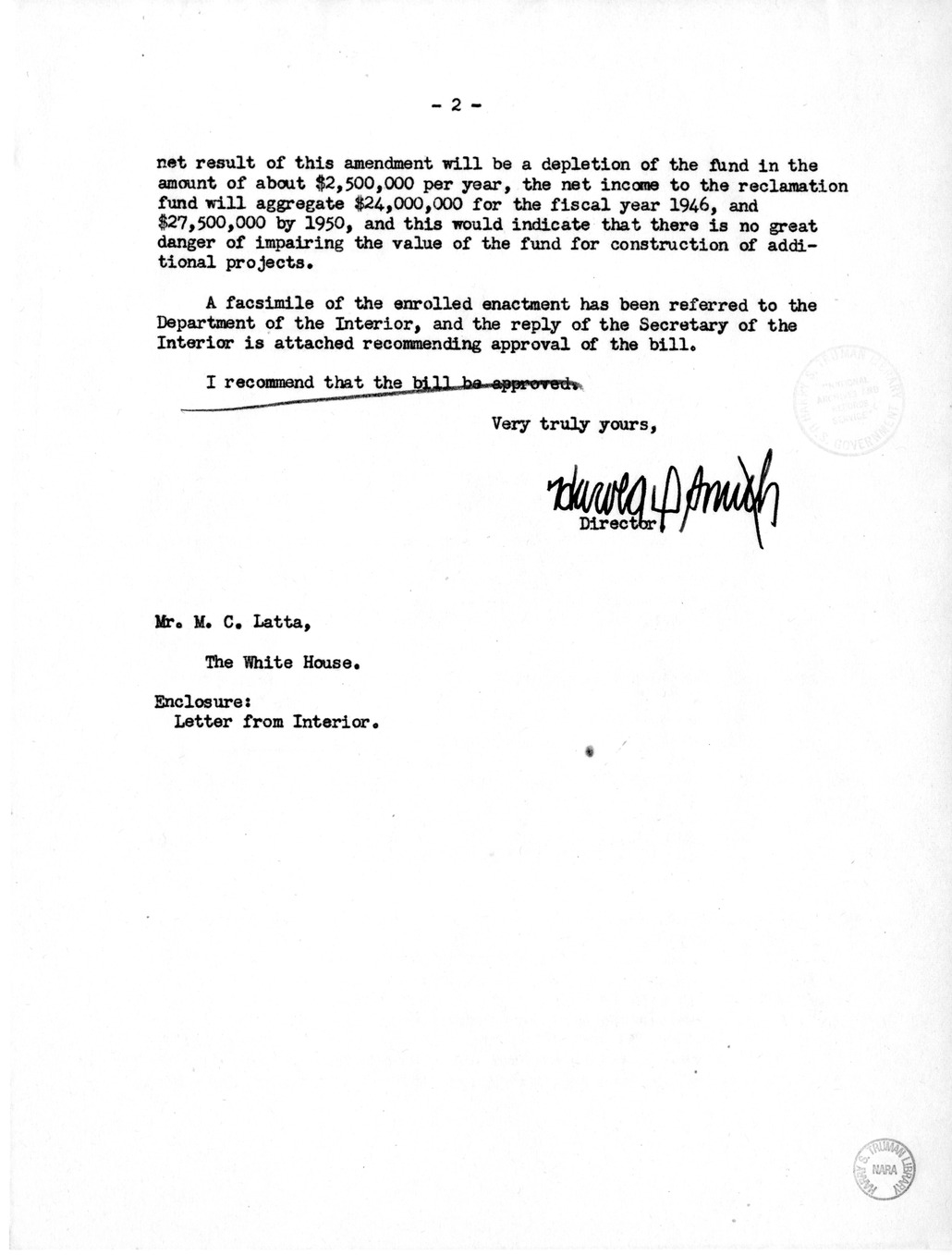 Memorandum from Harold D. Smith to M. C. Latta, H. R. 1534, to Amend the Fact Finders' Act, with Attachments