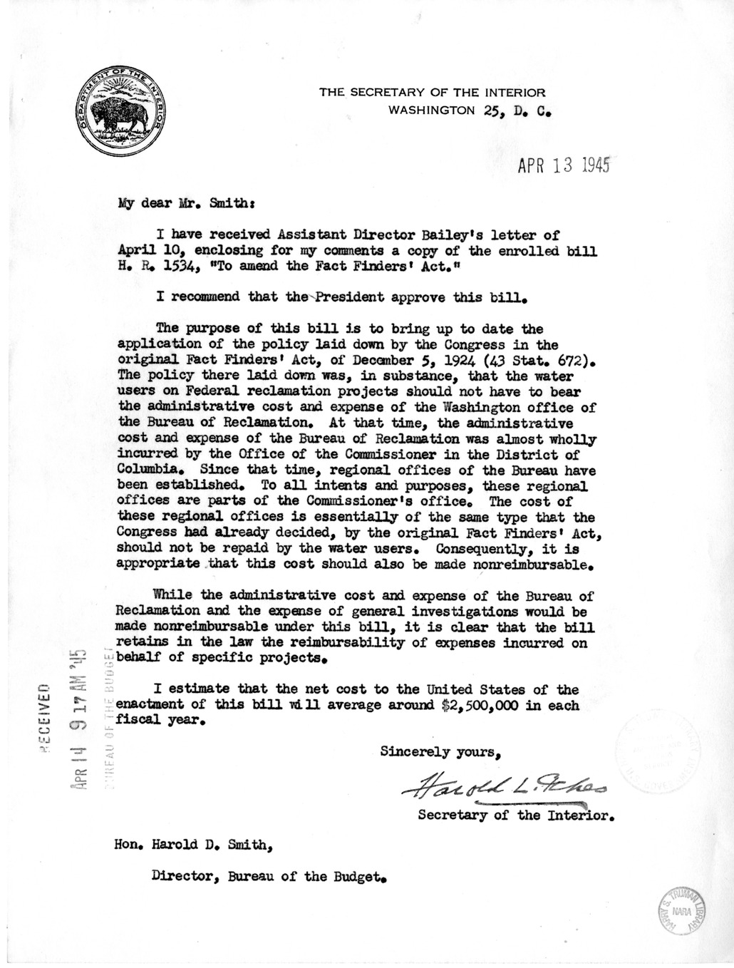 Memorandum from Harold D. Smith to M. C. Latta, H. R. 1534, to Amend the Fact Finders' Act, with Attachments