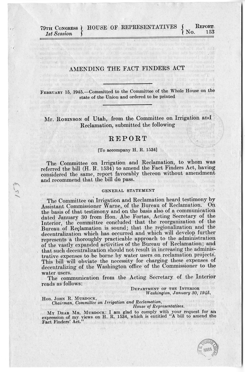 Memorandum from Harold D. Smith to M. C. Latta, H. R. 1534, to Amend the Fact Finders' Act, with Attachments