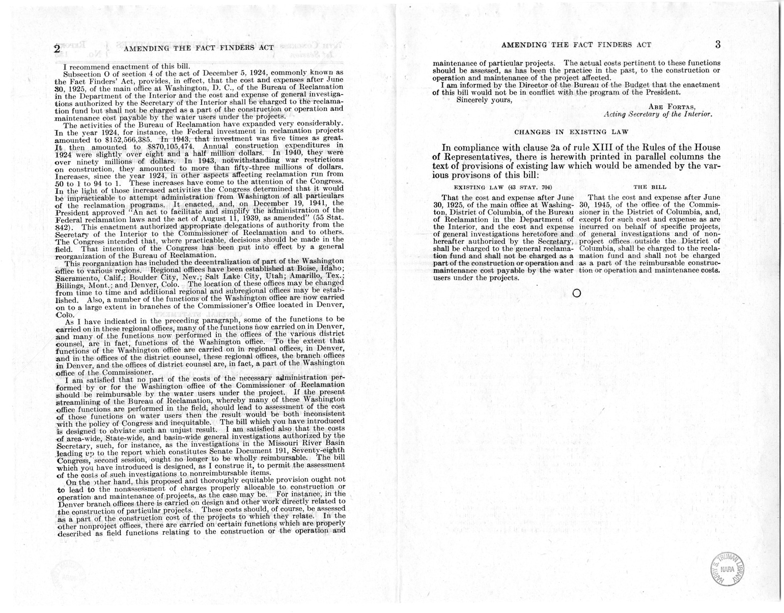 Memorandum from Harold D. Smith to M. C. Latta, H. R. 1534, to Amend the Fact Finders' Act, with Attachments