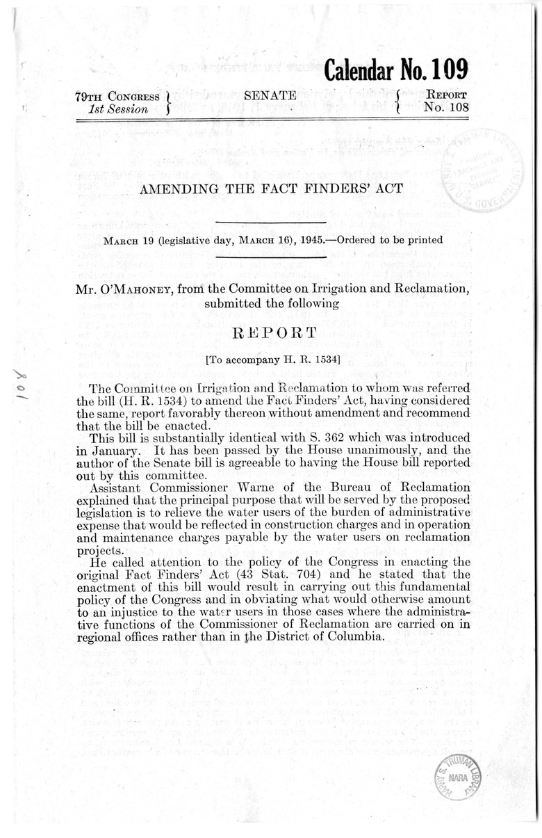 Memorandum from Harold D. Smith to M. C. Latta, H. R. 1534, to Amend the Fact Finders' Act, with Attachments