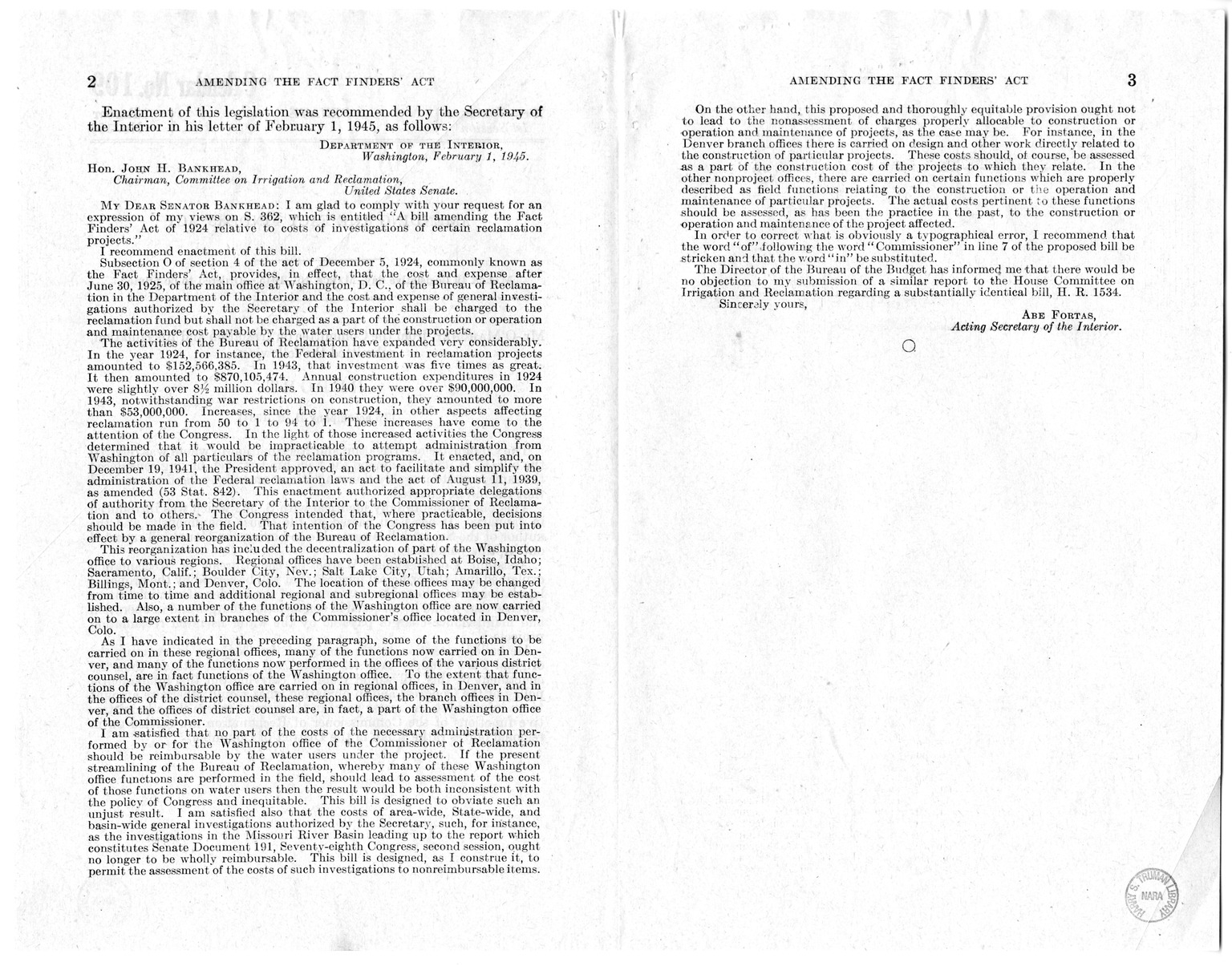 Memorandum from Harold D. Smith to M. C. Latta, H. R. 1534, to Amend the Fact Finders' Act, with Attachments