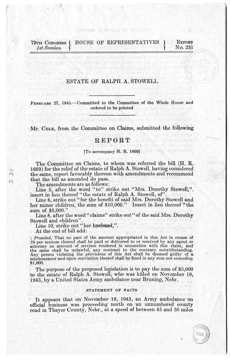 Memorandum from Frederick J. Bailey to M. C. Latta, H.R. 1669, For the Relief of the Estate of Ralph A. Stowell, with Attachments