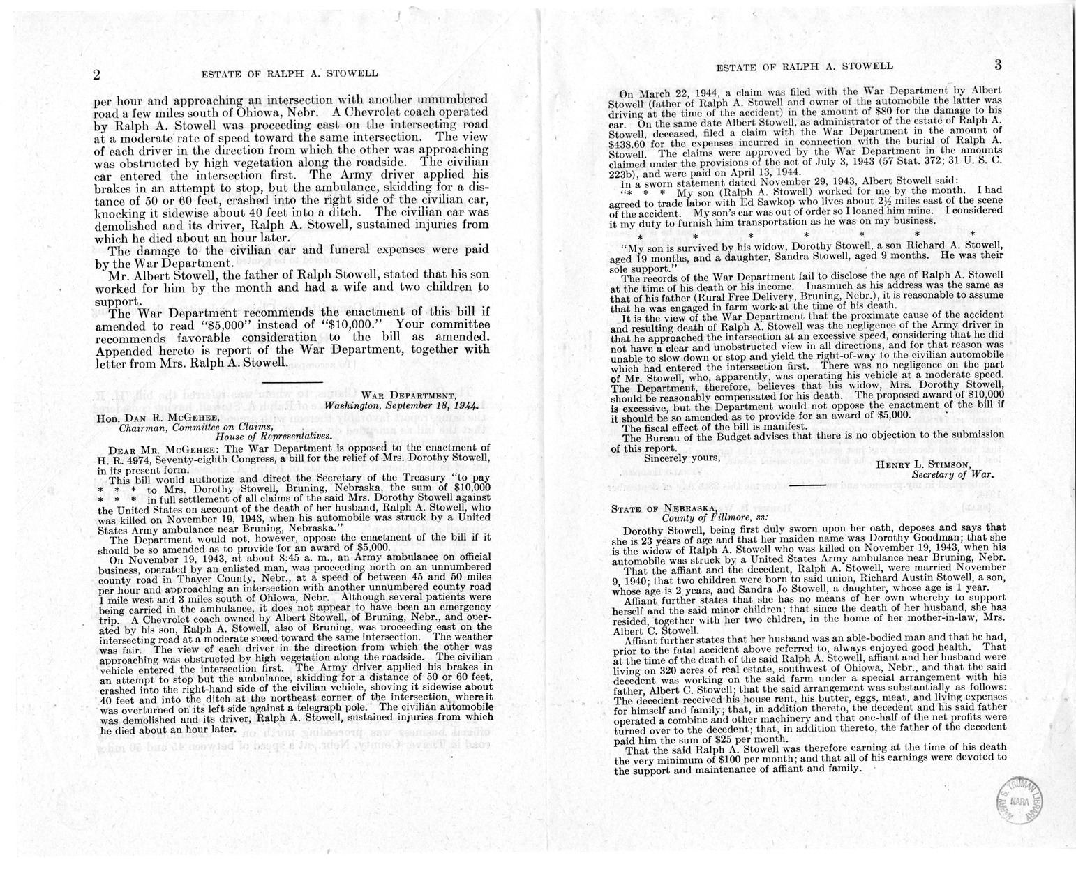 Memorandum from Frederick J. Bailey to M. C. Latta, H.R. 1669, For the Relief of the Estate of Ralph A. Stowell, with Attachments