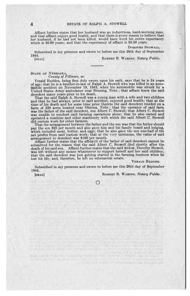 Memorandum from Frederick J. Bailey to M. C. Latta, H.R. 1669, For the Relief of the Estate of Ralph A. Stowell, with Attachments