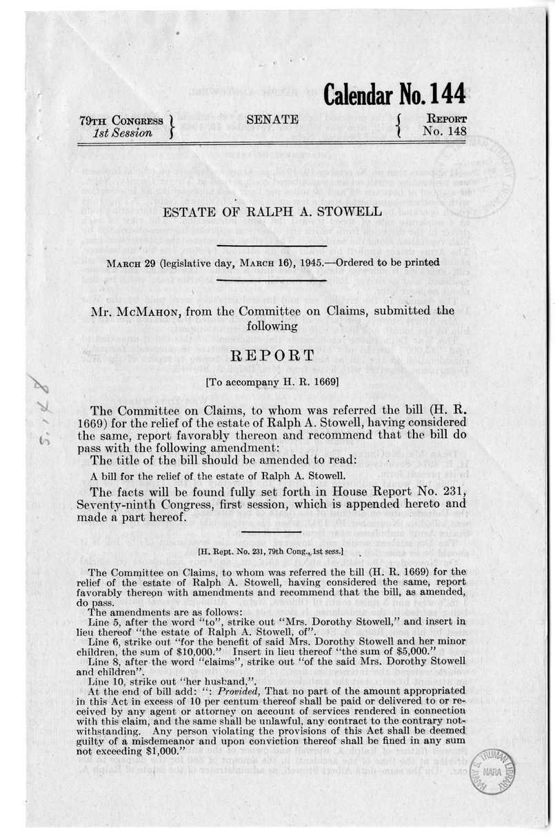 Memorandum from Frederick J. Bailey to M. C. Latta, H.R. 1669, For the Relief of the Estate of Ralph A. Stowell, with Attachments