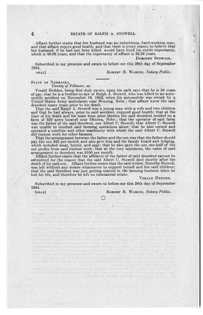 Memorandum from Frederick J. Bailey to M. C. Latta, H.R. 1669, For the Relief of the Estate of Ralph A. Stowell, with Attachments