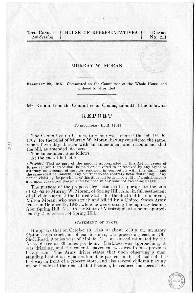 Memorandum from Frederick J. Bailey to M. C. Latta, S. 1707, for the Relief of Murray W. and Elsie P. Moran, with Attachments