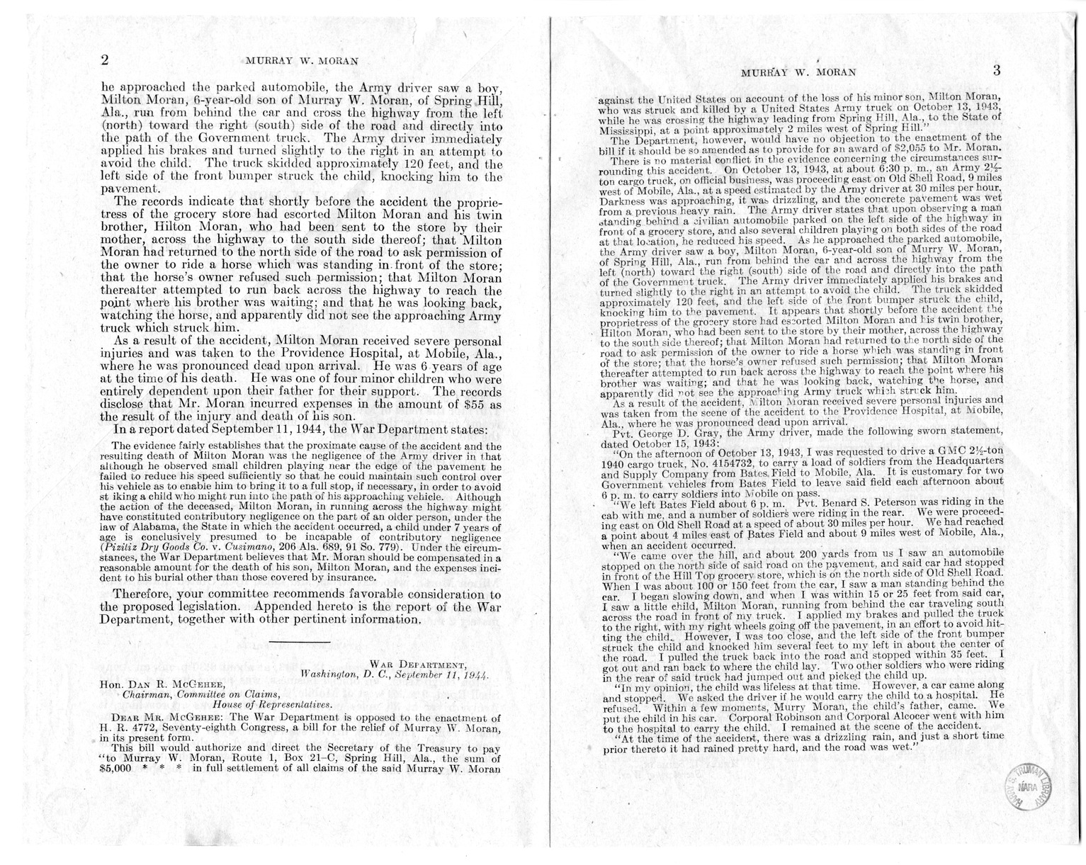 Memorandum from Frederick J. Bailey to M. C. Latta, S. 1707, for the Relief of Murray W. and Elsie P. Moran, with Attachments