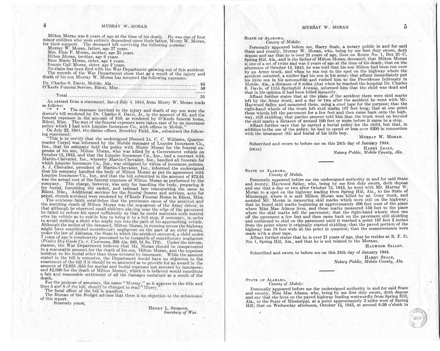 Memorandum from Frederick J. Bailey to M. C. Latta, S. 1707, for the Relief of Murray W. and Elsie P. Moran, with Attachments