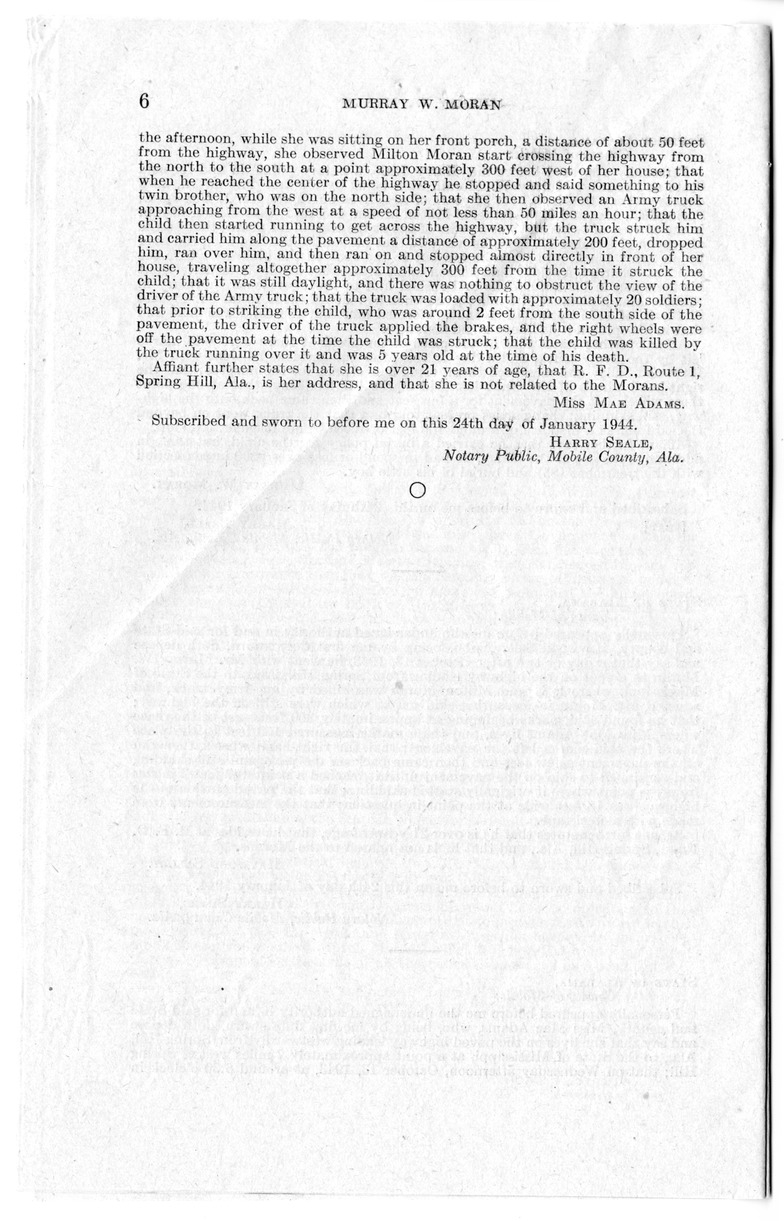 Memorandum from Frederick J. Bailey to M. C. Latta, S. 1707, for the Relief of Murray W. and Elsie P. Moran, with Attachments