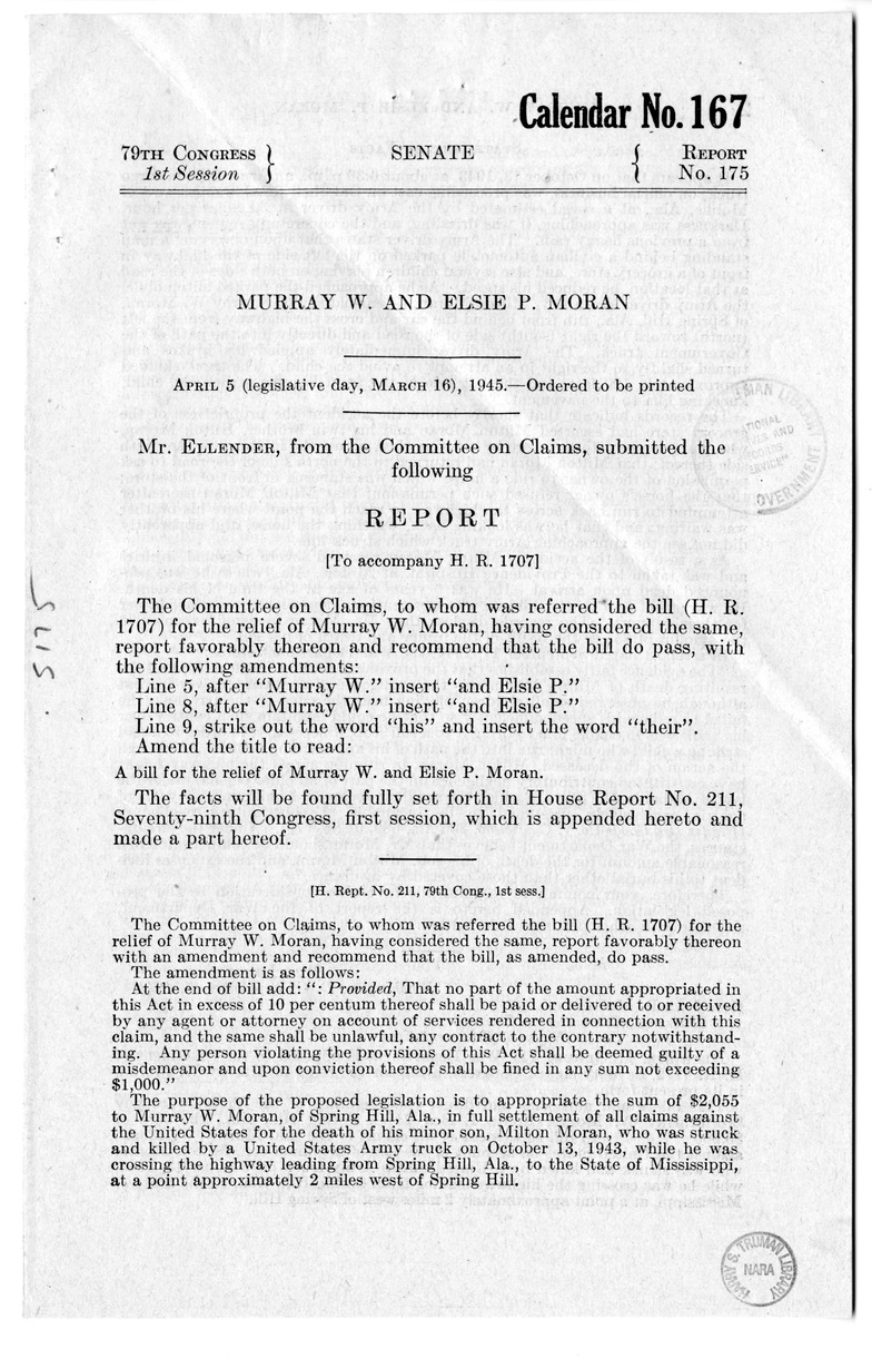 Memorandum from Frederick J. Bailey to M. C. Latta, S. 1707, for the Relief of Murray W. and Elsie P. Moran, with Attachments