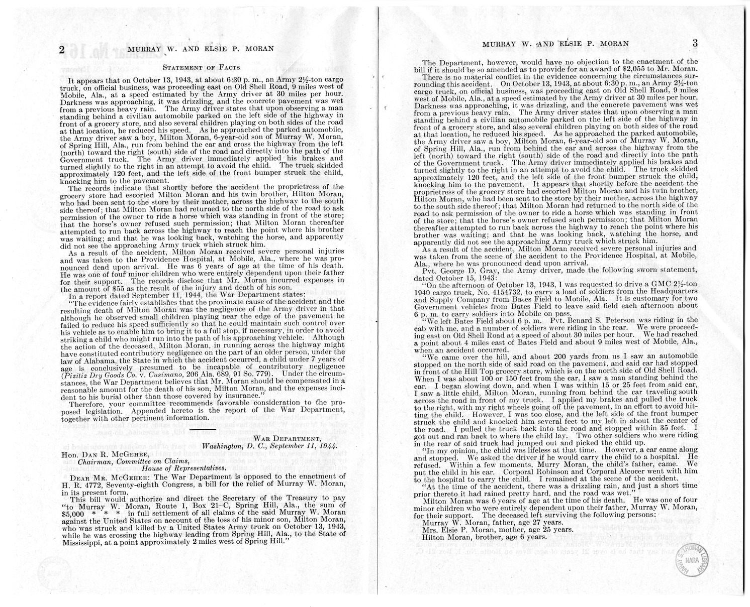 Memorandum from Frederick J. Bailey to M. C. Latta, S. 1707, for the Relief of Murray W. and Elsie P. Moran, with Attachments