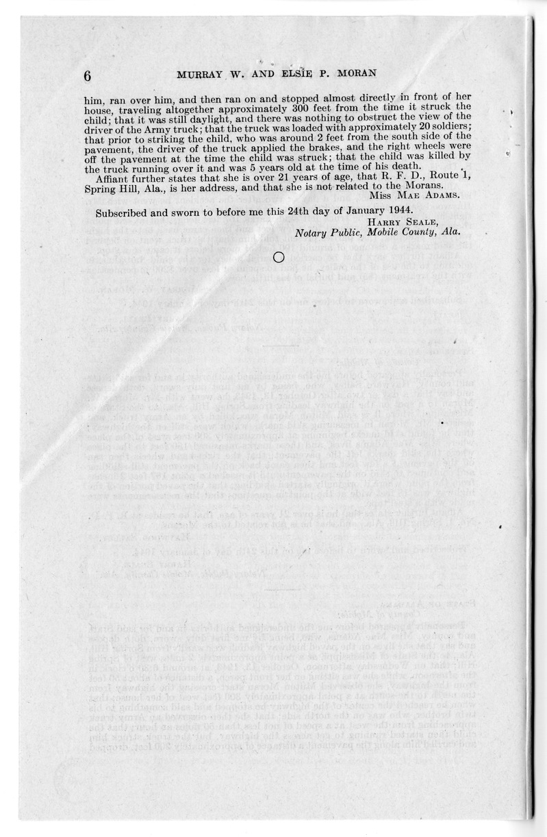 Memorandum from Frederick J. Bailey to M. C. Latta, S. 1707, for the Relief of Murray W. and Elsie P. Moran, with Attachments