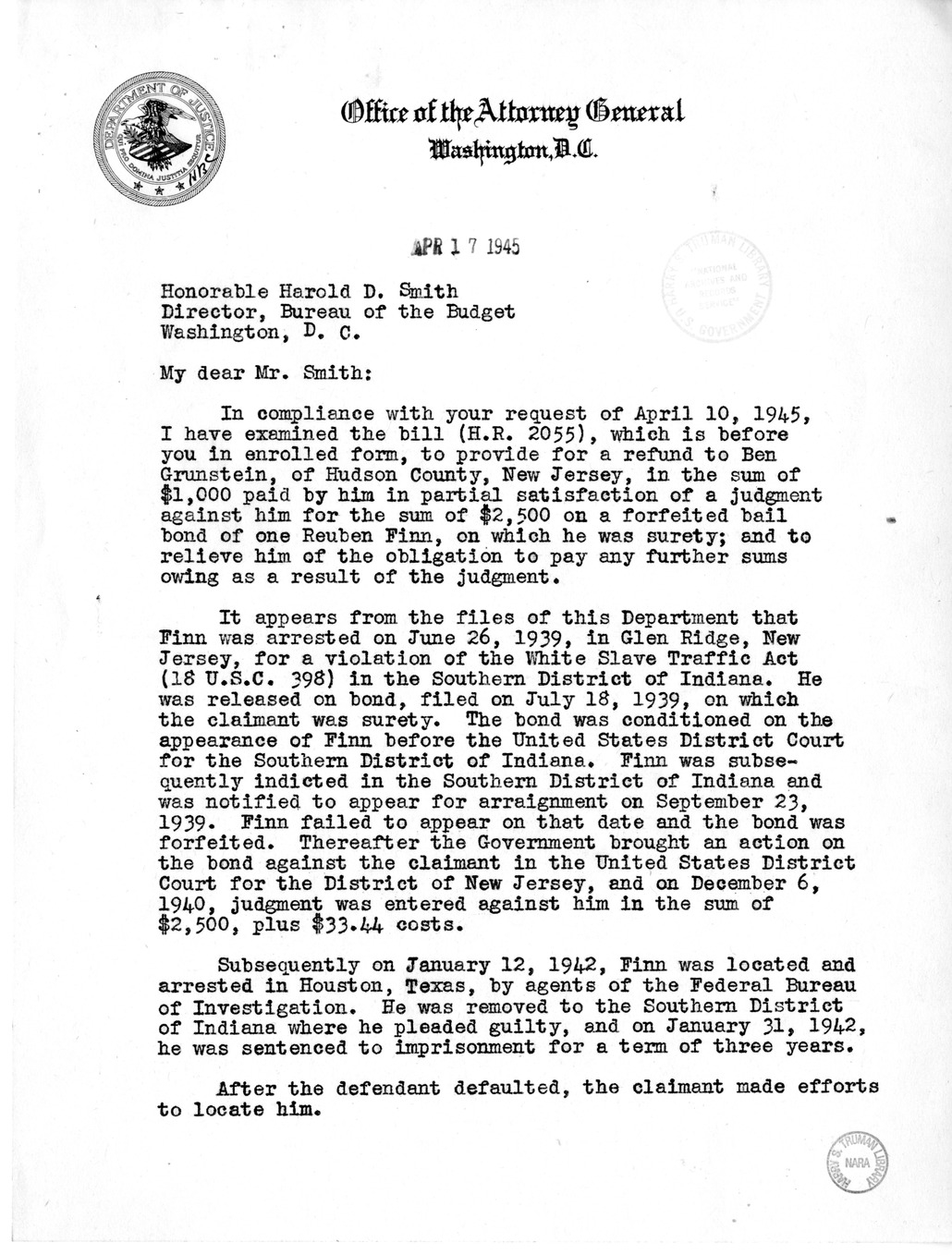 Memorandum from Harold D. Smith to M. C. Latta, H.R. 2055, For the Relief of Ben Grunstein, with Attachments