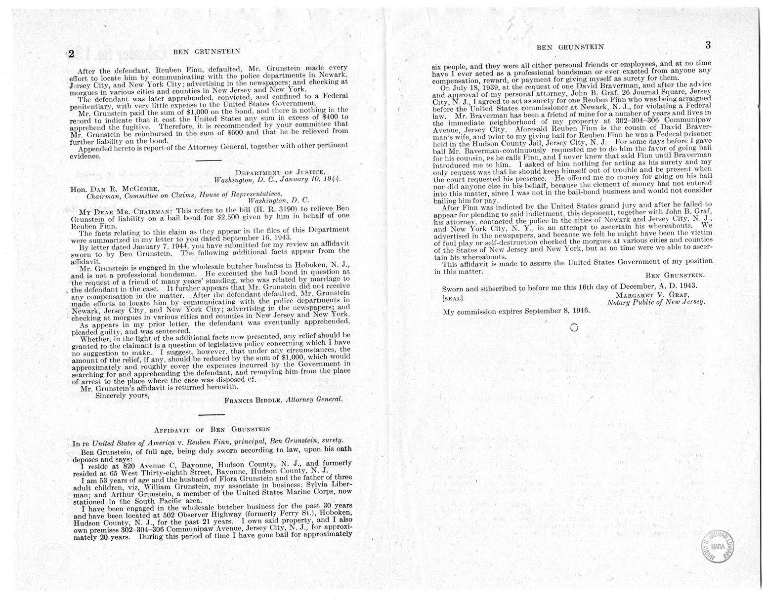 Memorandum from Harold D. Smith to M. C. Latta, H.R. 2055, For the Relief of Ben Grunstein, with Attachments