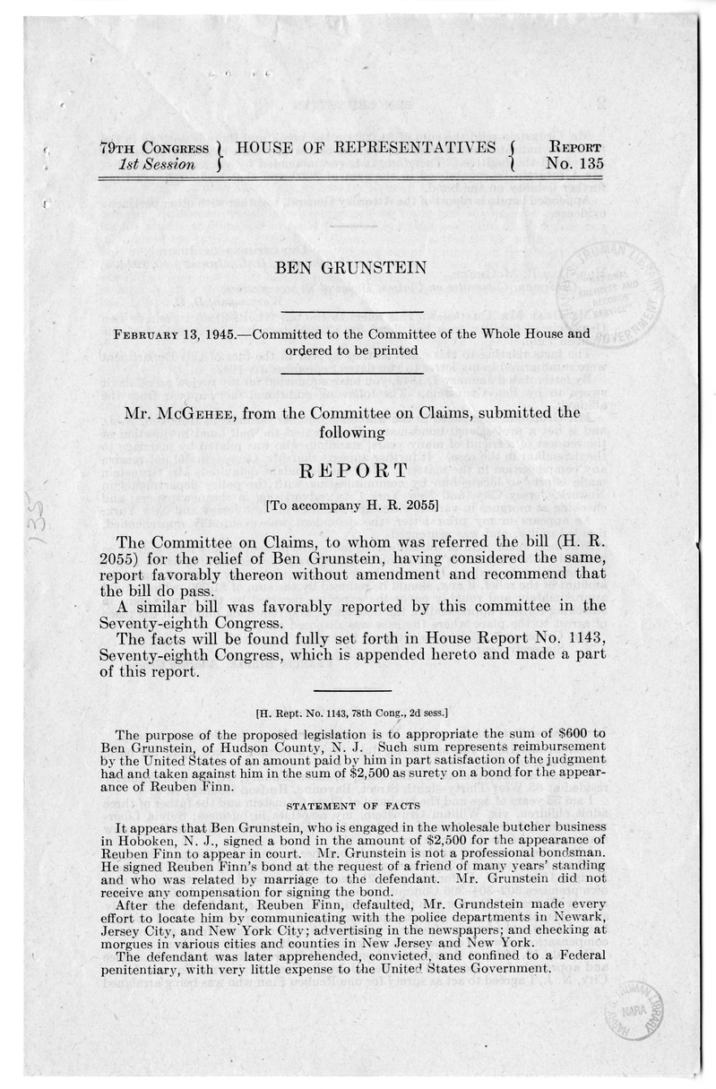 Memorandum from Harold D. Smith to M. C. Latta, H.R. 2055, For the Relief of Ben Grunstein, with Attachments