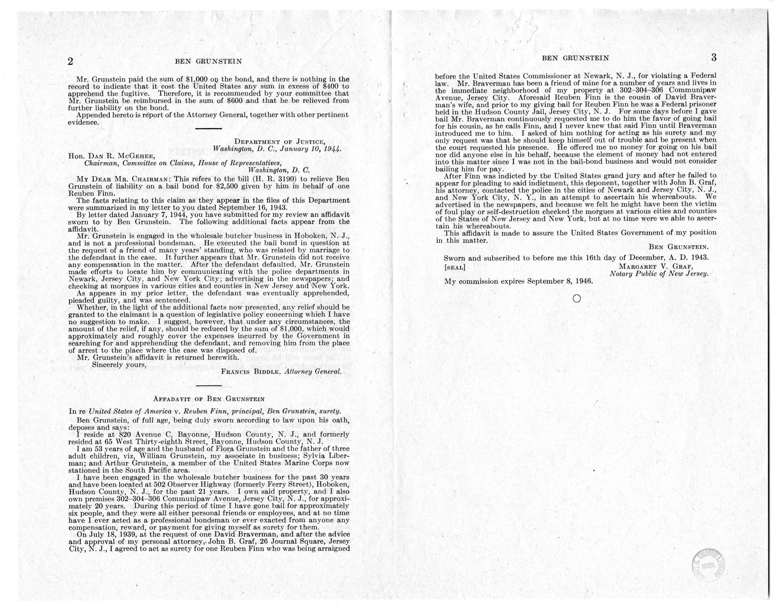 Memorandum from Harold D. Smith to M. C. Latta, H.R. 2055, For the Relief of Ben Grunstein, with Attachments