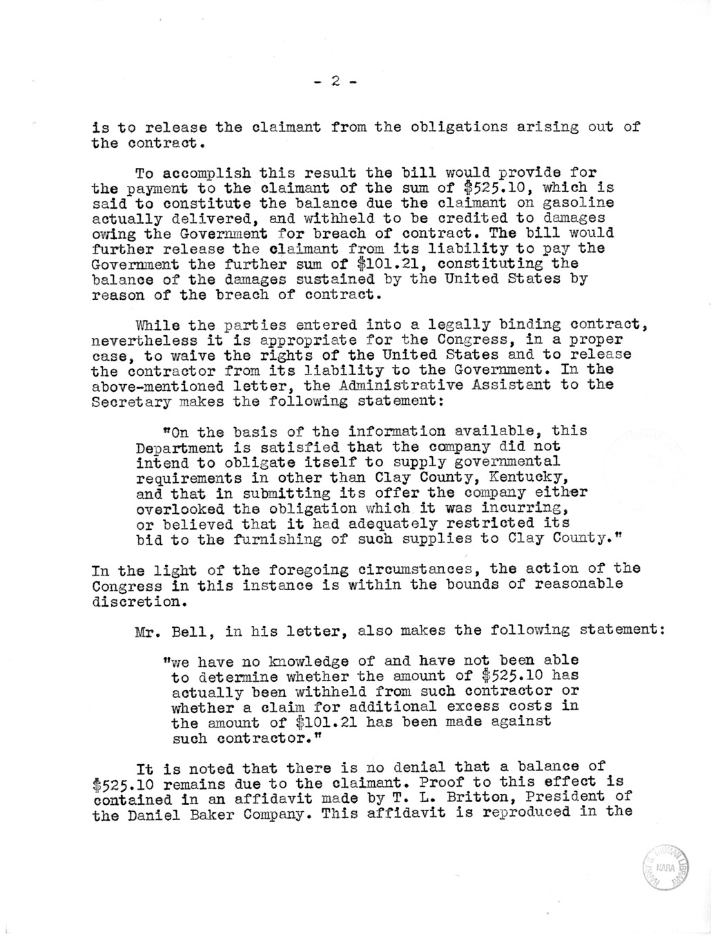 Memorandum from Harold D. Smith to M. C. Latta, H. R. 1676, for the Relief of the Daniel Baker Company of Manchester, Kentucky, with Attachments