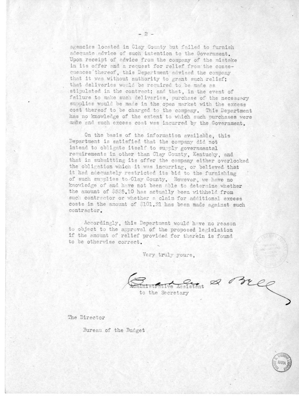 Memorandum from Harold D. Smith to M. C. Latta, H. R. 1676, for the Relief of the Daniel Baker Company of Manchester, Kentucky, with Attachments